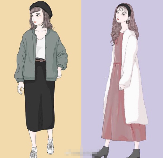 复古文艺风穿搭人物手绘,时尚穿搭小清新手绘
