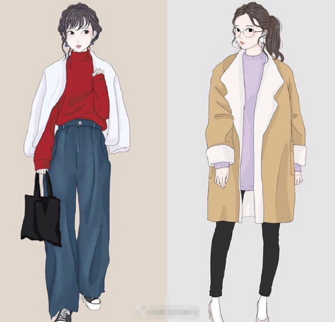 复古文艺风穿搭人物手绘,时尚穿搭小清新手绘