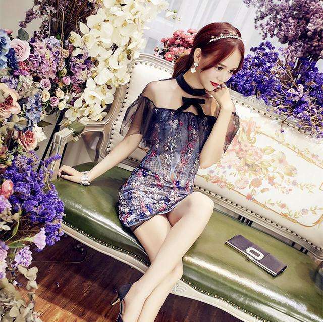 网纱一字裙连衣裙,刺绣花网纱裙