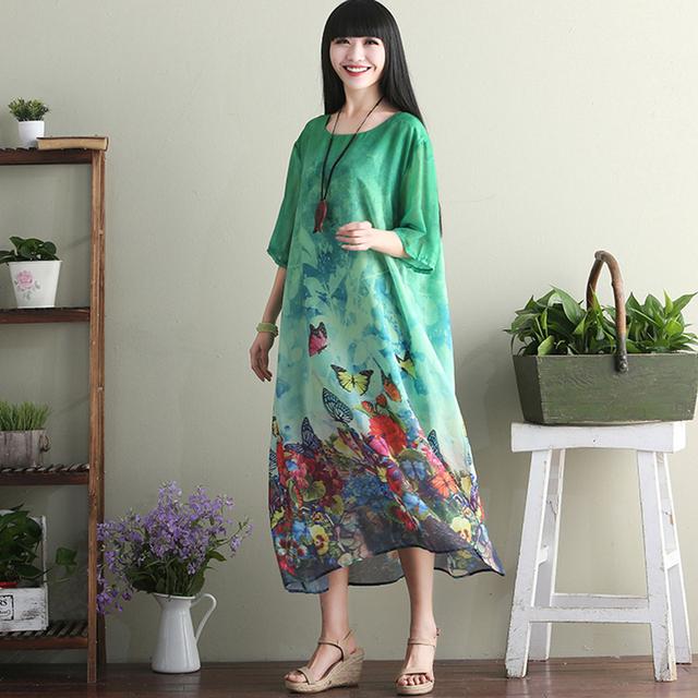 民族风大码碎花连衣裙，棉麻布料透气又时髦