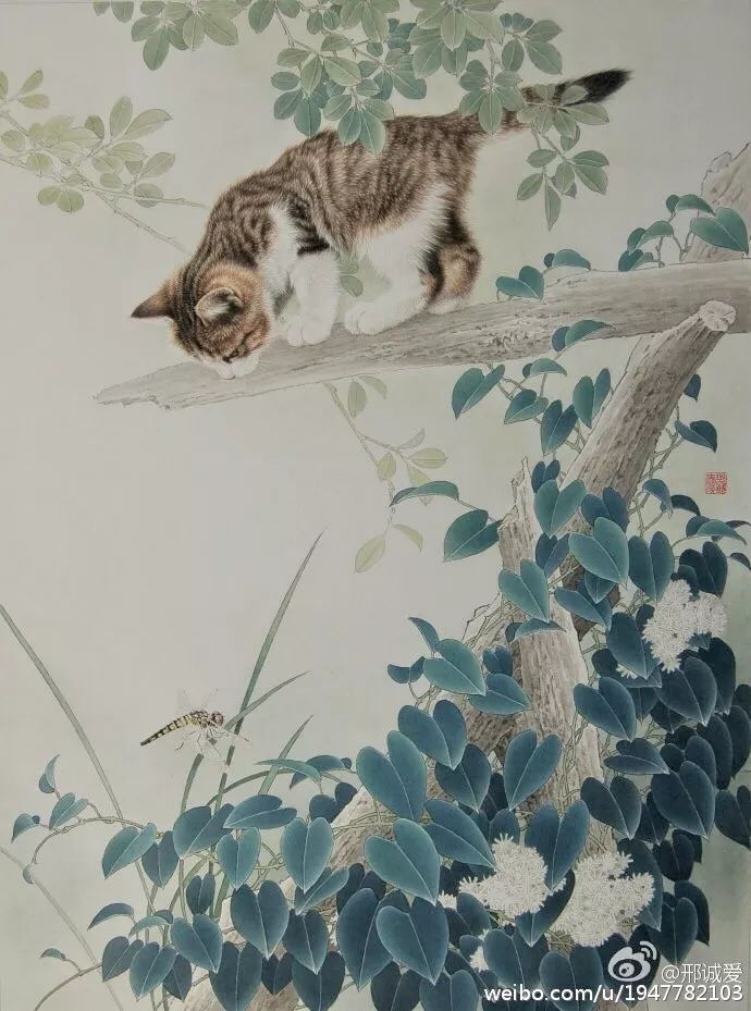 邢诚爱工笔猫扑蝶画法,邢诚爱工笔画猫白描底稿