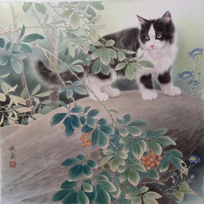 邢诚爱工笔猫扑蝶画法,邢诚爱工笔画猫白描底稿