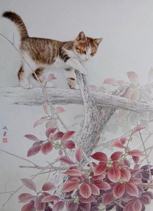 邢诚爱工笔猫扑蝶画法,邢诚爱工笔画猫白描底稿