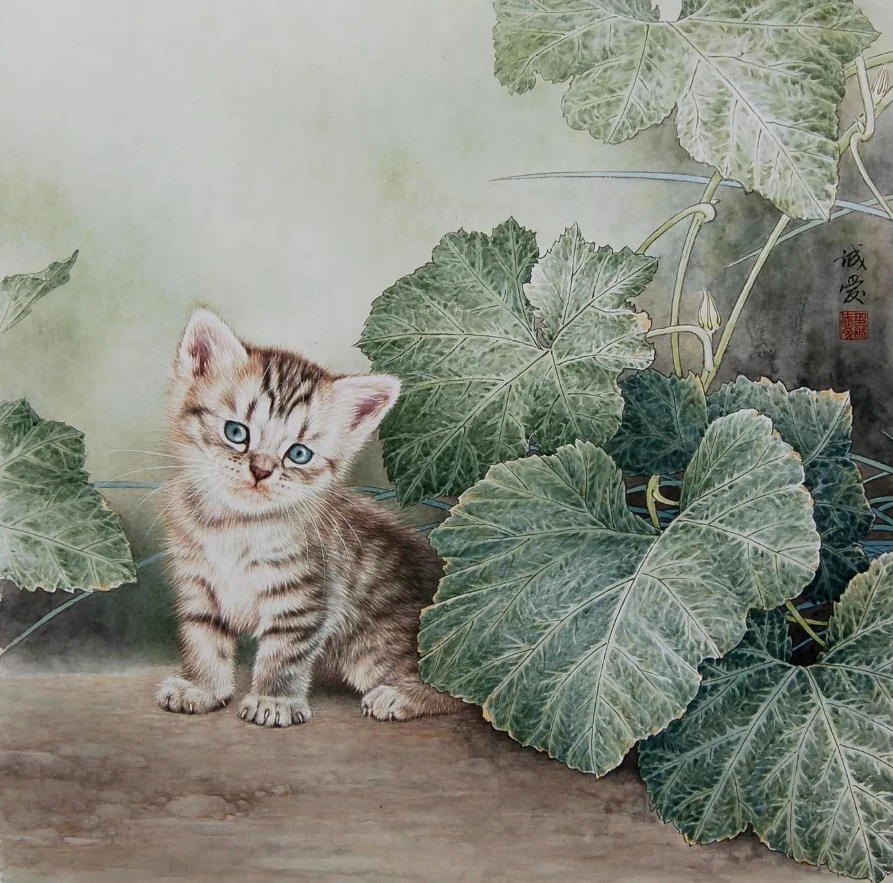 邢诚爱工笔猫扑蝶画法,邢诚爱工笔画猫白描底稿