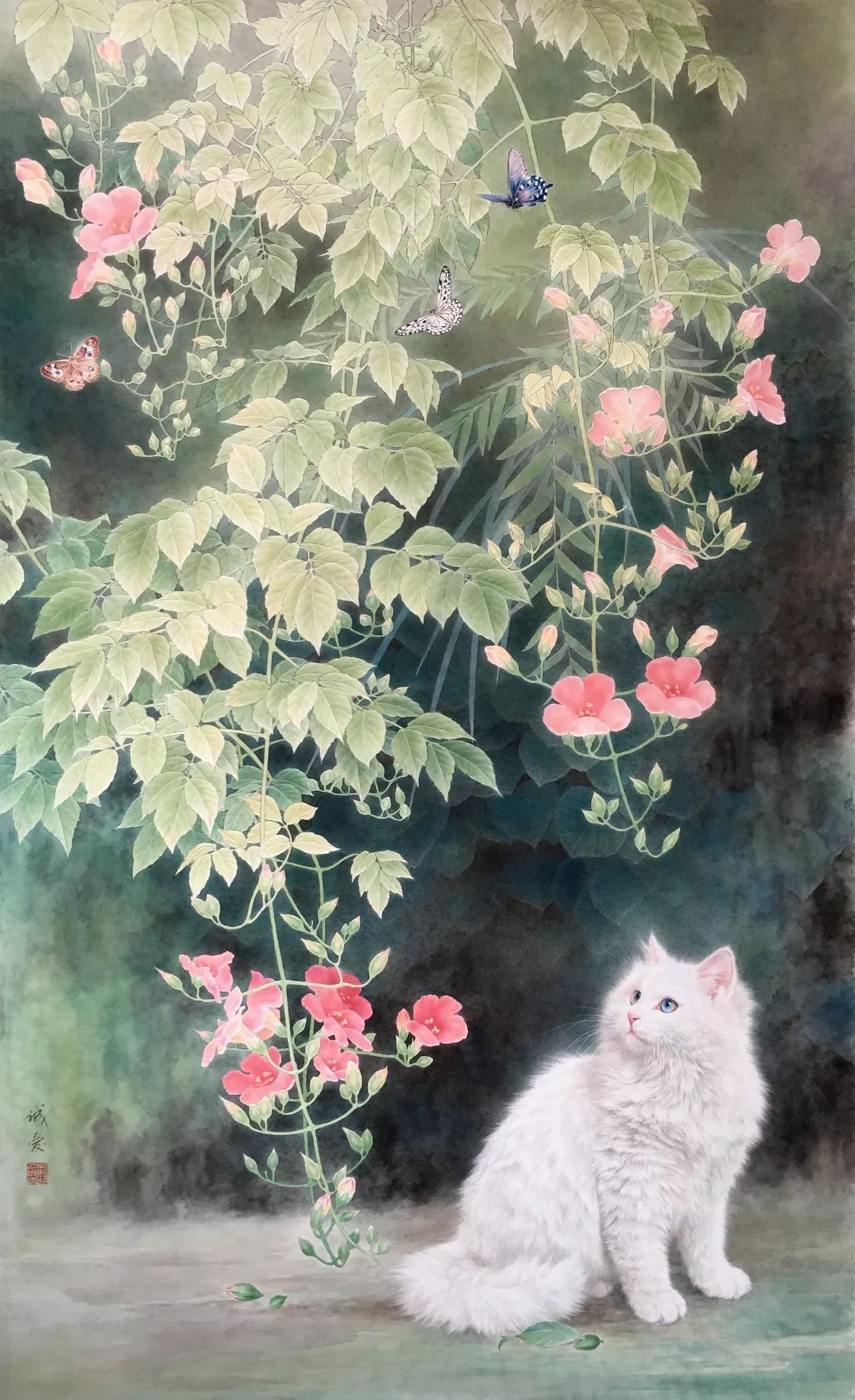 邢诚爱工笔猫扑蝶画法,邢诚爱工笔画猫白描底稿