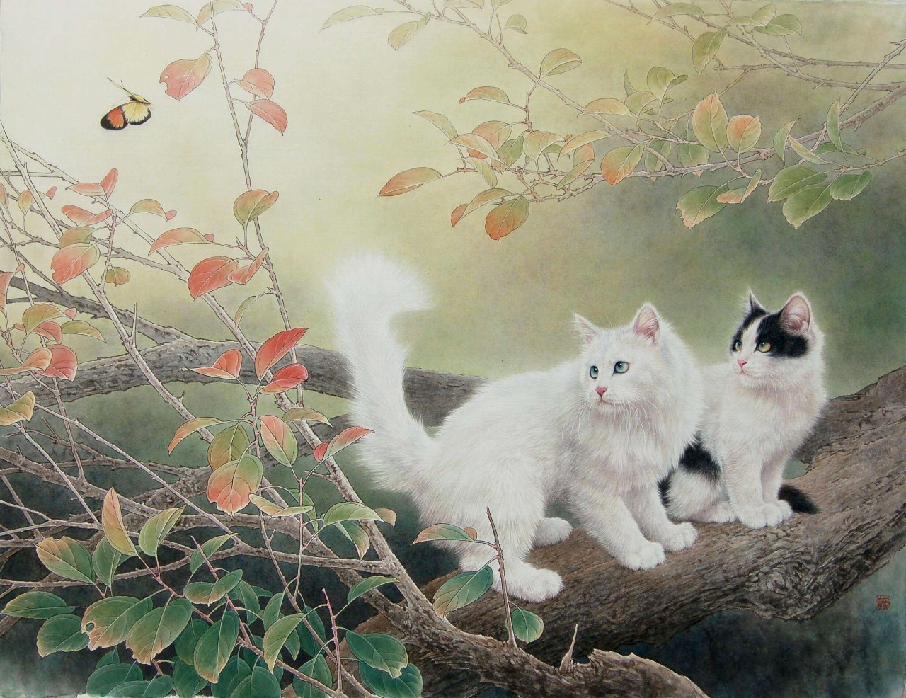 邢诚爱工笔猫扑蝶画法,邢诚爱工笔画猫白描底稿
