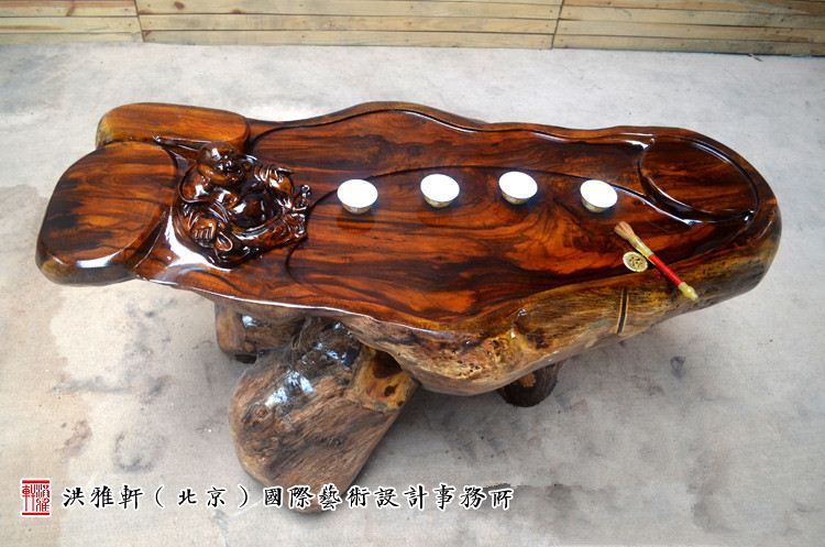 鸡翅木根雕茶台翻新完工,实木树根雕茶几