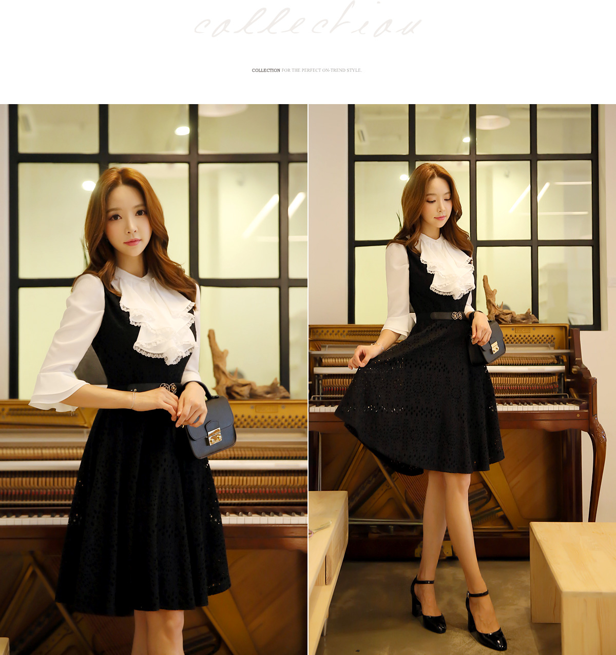 韩国美女夏季连衣裙,韩国黑色中腰连衣裙美女