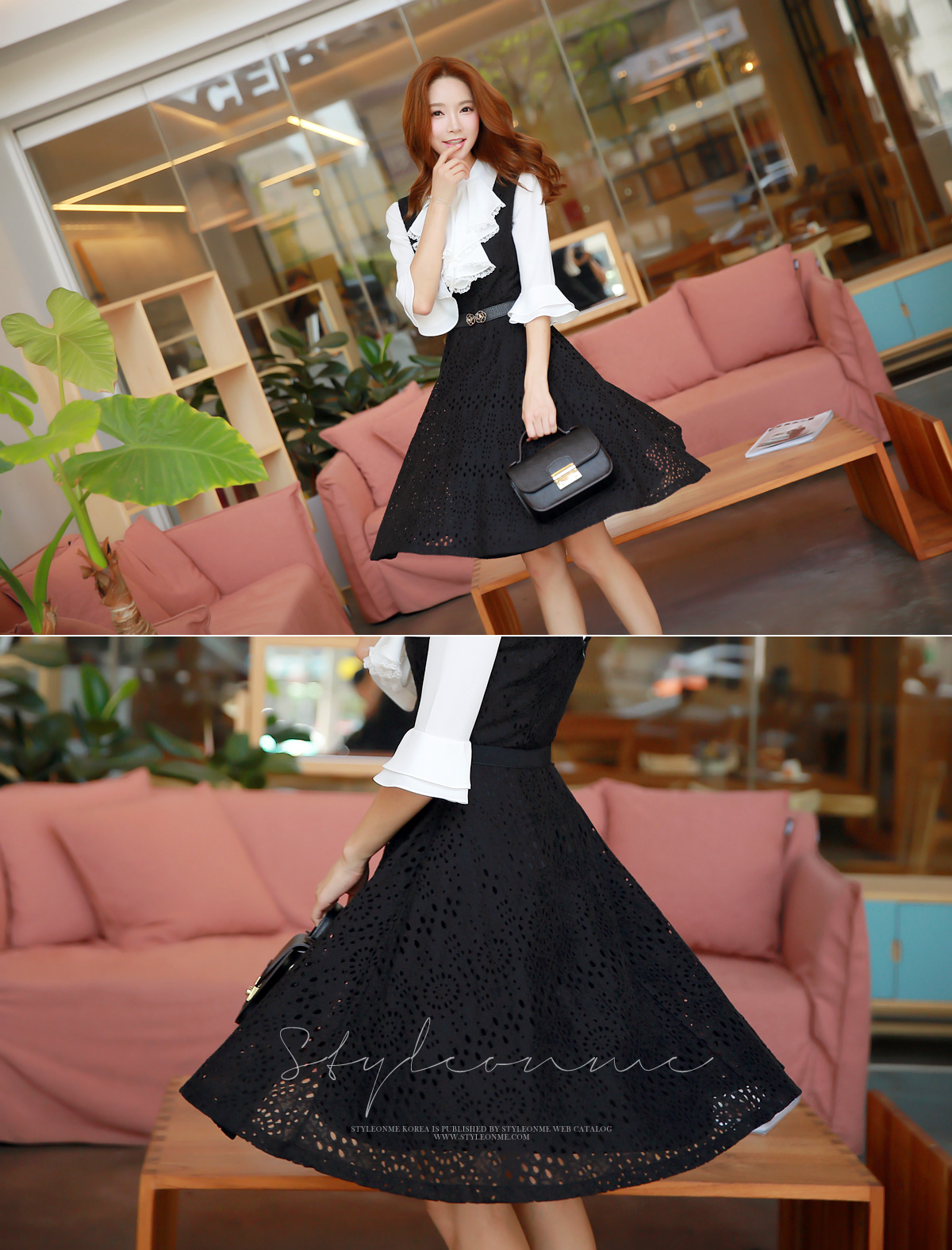 韩国美女夏季连衣裙,韩国黑色中腰连衣裙美女