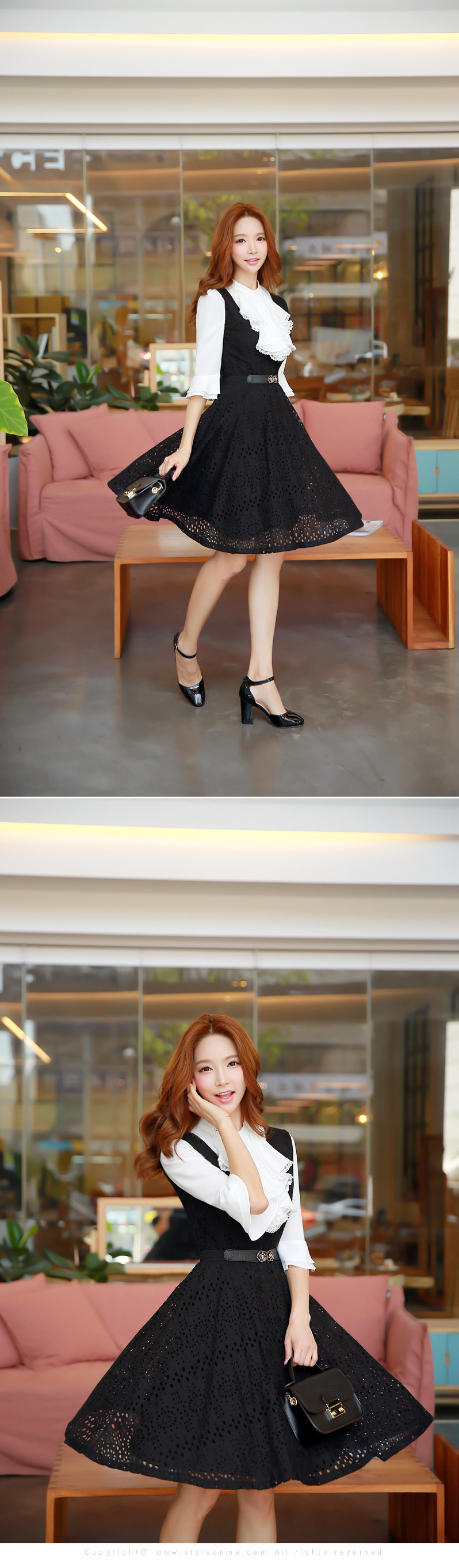 韩国美女夏季连衣裙,韩国黑色中腰连衣裙美女