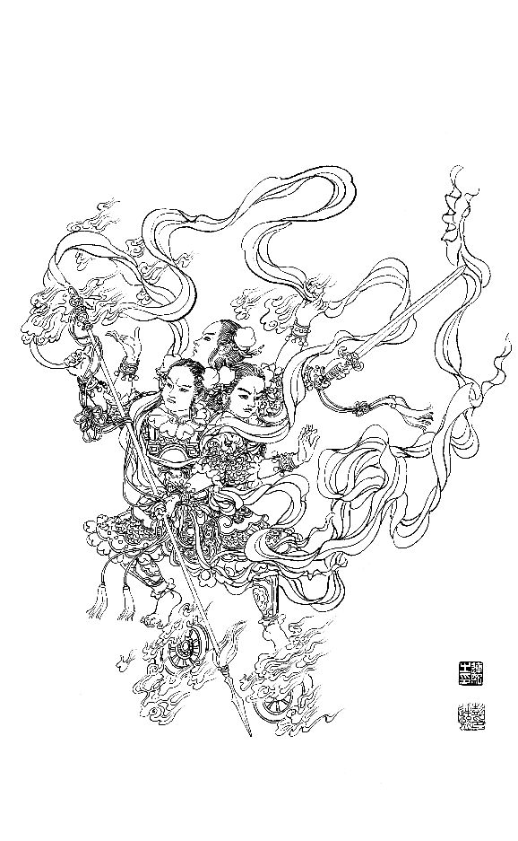 彭连熙工笔白描人物作品,工笔戏曲净角人物白描底稿