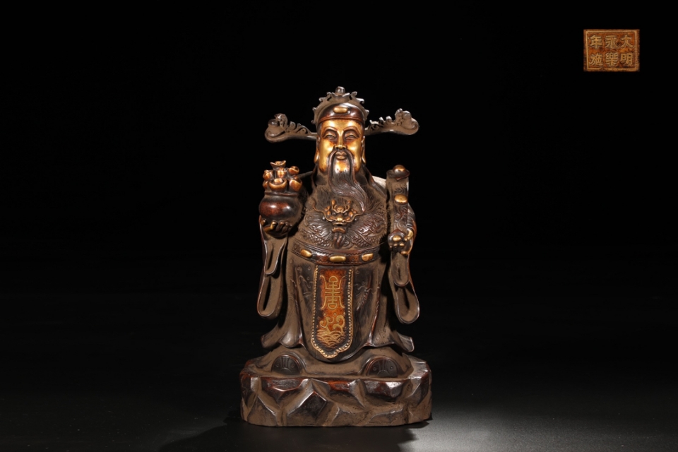 清代财神铜造像,清早期铜鎏金黄财神造像