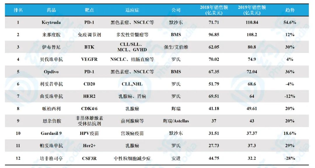 国内肿瘤药企业排行榜,10种肿瘤药目录