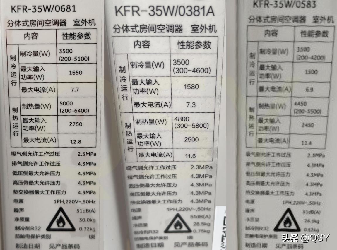 三台海尔空调先行者1.5匹对比拆机看123级不同能效区别在哪