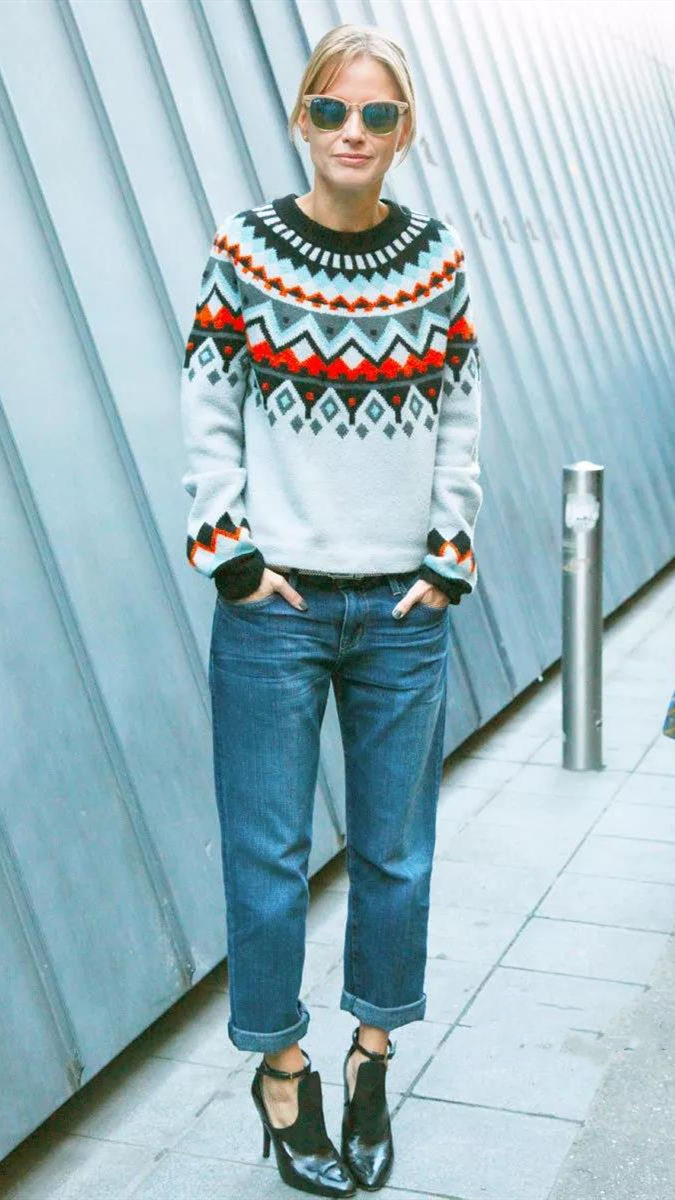 费尔岛毛衣特别合适英伦风的搭配,毛衣这样穿再普通的毛衣也时髦