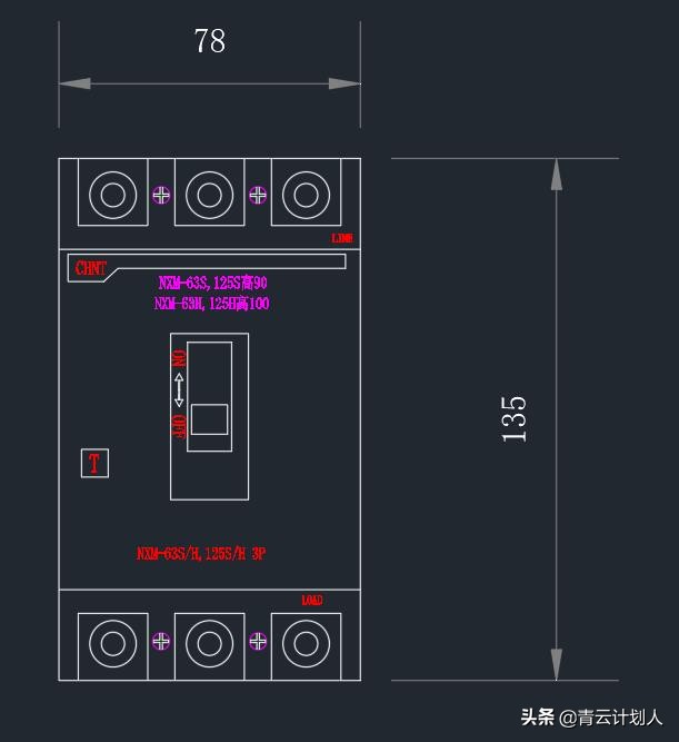 正泰断路器cad尺寸图,正泰塑壳断路器昆仑系列